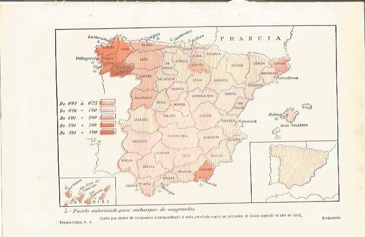 LAMINA ESPASA 35644: Mapa de emigrantes de España en 1913