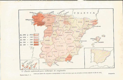 LAMINA ESPASA 35644: Mapa de emigrantes de España en 1913