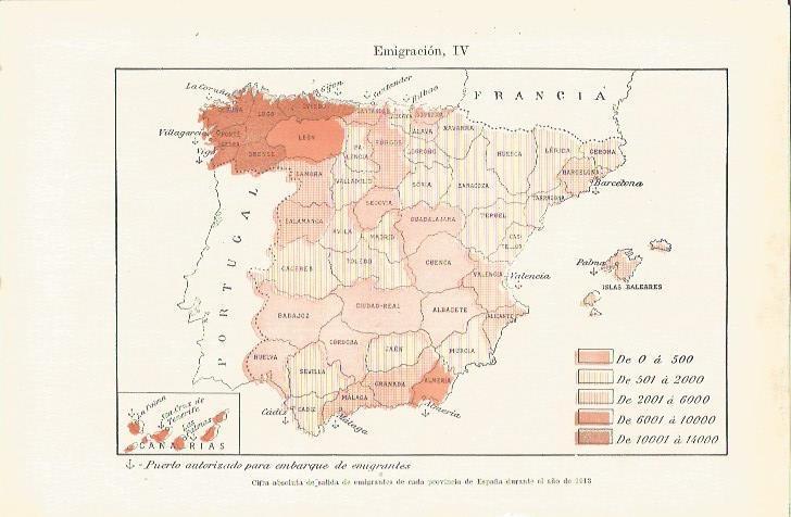LAMINA ESPASA 35643: Mapa de España de puertos autorizados para embarque de emigrantes 1913