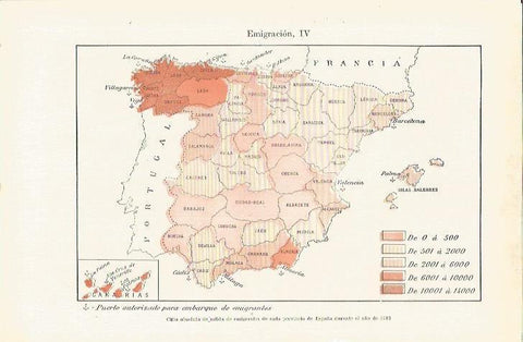 LAMINA ESPASA 35643: Mapa de España de puertos autorizados para embarque de emigrantes 1913