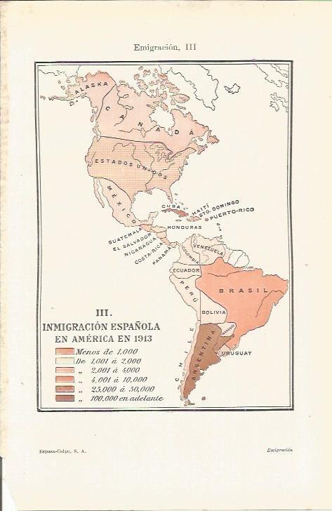 LAMINA ESPASA 35642: Mapa de inmigracion española en America en 1913