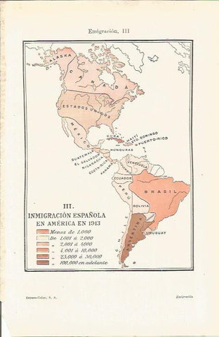 LAMINA ESPASA 35642: Mapa de inmigracion española en America en 1913
