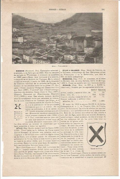 LAMINA ESPASA 35544: Vista de Eibar, Guipuzcoa