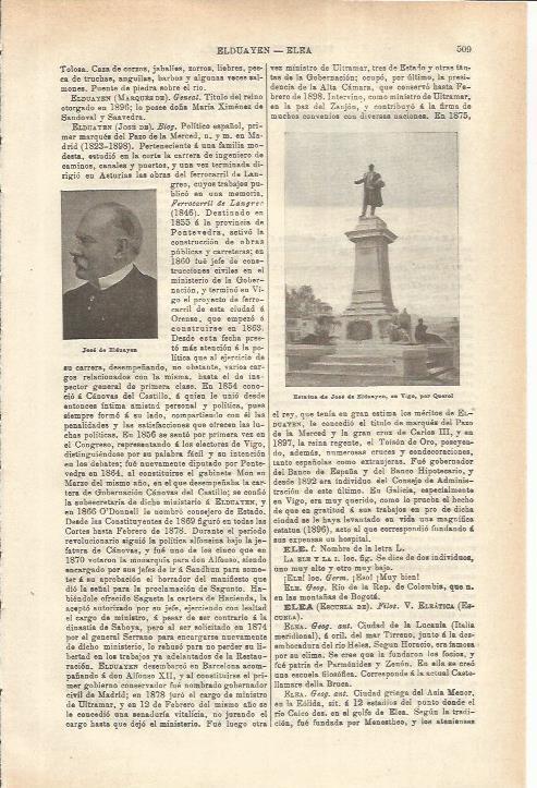 LAMINA ESPASA 35575: Monumento a Jose de Elduayen en Vigo
