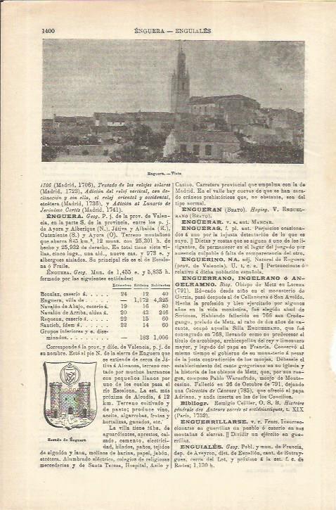 LAMINA ESPASA 35694: Escudo y vista de Enguera, Valencia