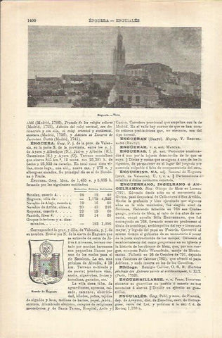 LAMINA ESPASA 35694: Escudo y vista de Enguera, Valencia