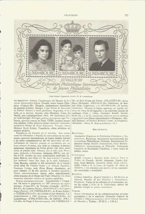 LAMINA ESPASA 35378: Hoja bloque de la Exposinion Juvalex-88 de Luxemburgo