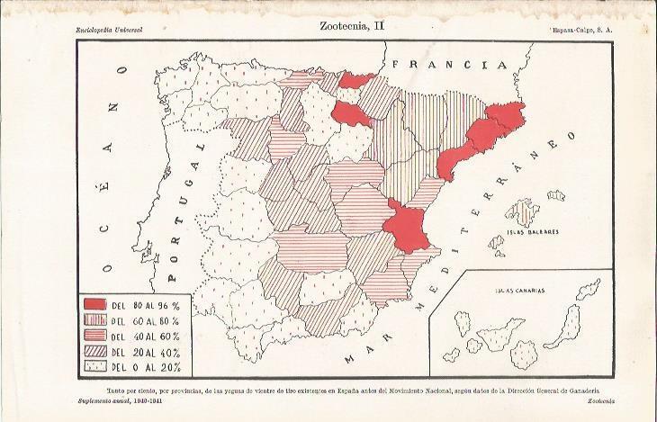 LAMINA ESPASA 35361: Mapa de España con porcentaje de yeguas de tiro en 1940-41