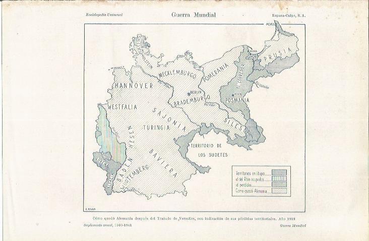 LAMINA ESPASA 35303: Mapa de Alemania en 1919 despues del Tratado de Versalles