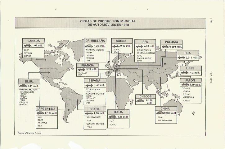LAMINA ESPASA 35443: Mapa mundial de la produccion de automoviles en 1988