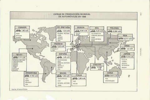 LAMINA ESPASA 35443: Mapa mundial de la produccion de automoviles en 1988