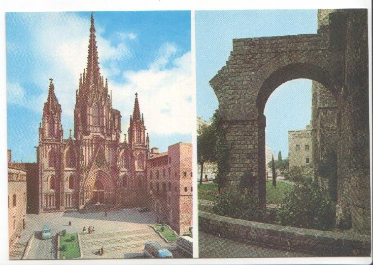 Postal JC0501: Barcelona. Catedral y detalle murallas romanas