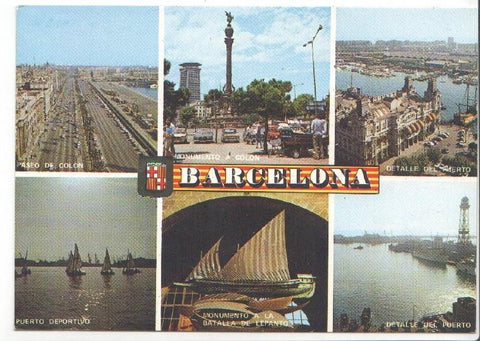 Postal JC0506: Barcelona. Puerto, diversos aspectos (Puerto deportivo, monumento a Colon, Monumento a la Batalla de Lepanto)