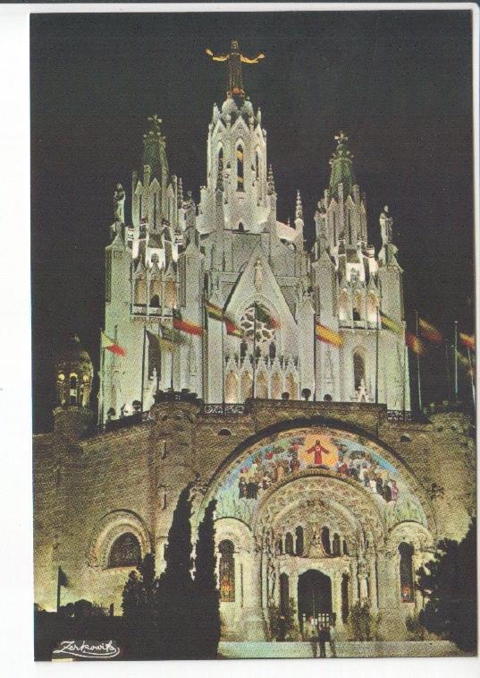 Postal JC0535: Barcelona. Tibidabo. Basilica Nacional Exp. del Sagrado Corazon de Jesus, vista nocturna