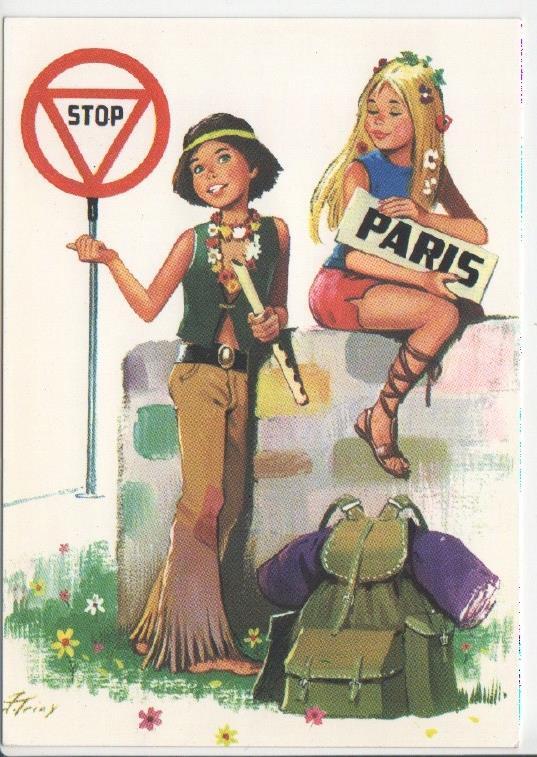 Postal JC0590: Ilustracion de una pareja haciendo Autostop hacia Paris
