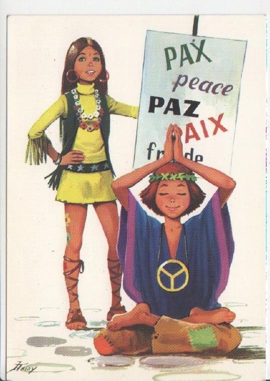 Postal JC0591: Ilustracion de una pareja con un cartel sobre la Paz