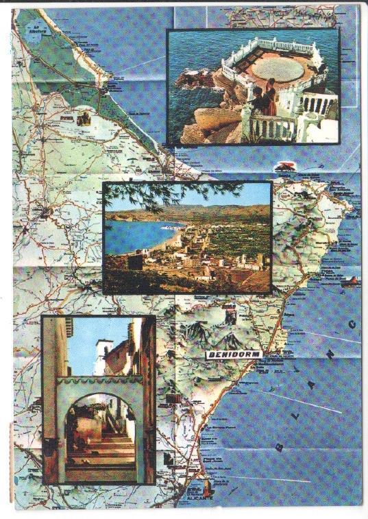 Postal JC0736: Benidorm (España). Mapa de la zona y varias vistas