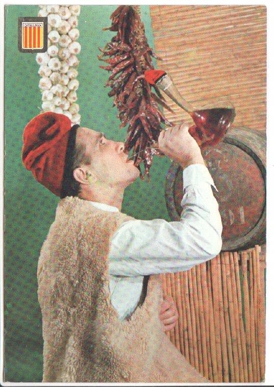 Postal JC0749: Hombre con barretina bebiendo de un porron, personaje tipico de Cataluña