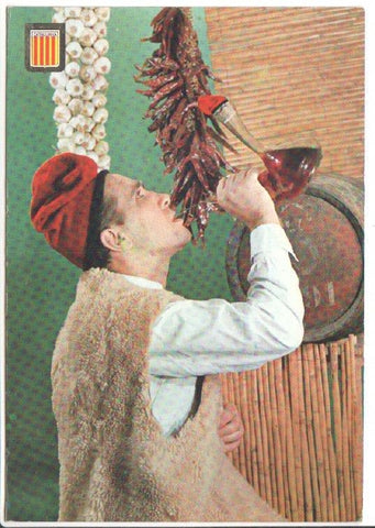 Postal JC0749: Hombre con barretina bebiendo de un porron, personaje tipico de Cataluña