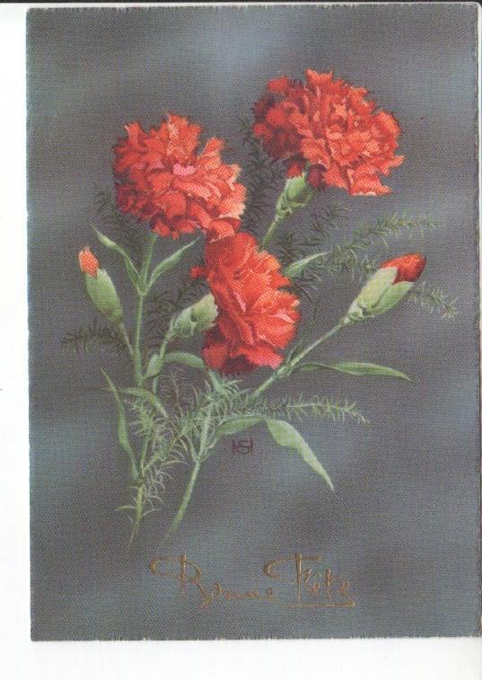 Postal JC0833: Dibujo de un geranio rojo. Bonne Fete