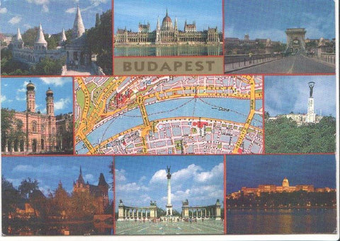 Postal JC0859: Budapest varia vistas (Parlamento, Plaza de los Heroes, Puente de las Cadenas, entre otros)