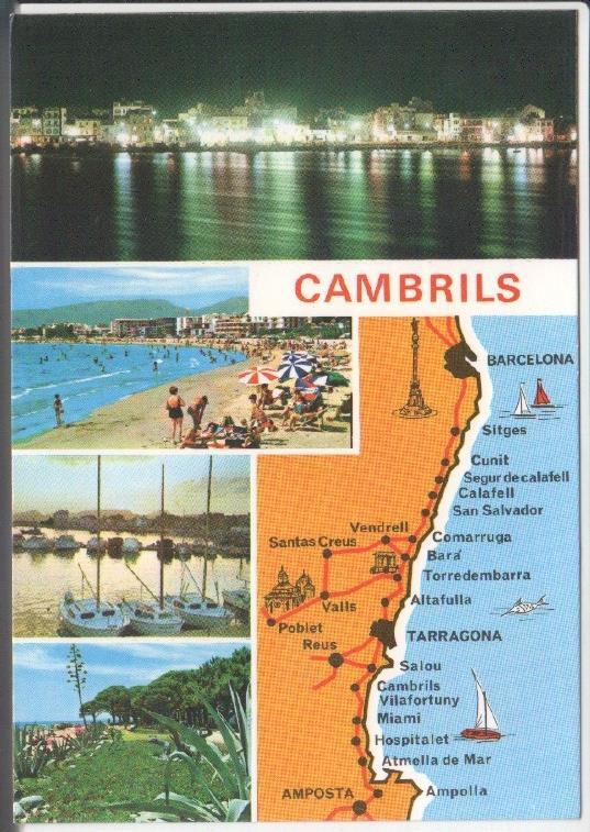Postal JC0960: Costa Dorada. Cambrils. Diversos aspectos de la villa (mapa, vista del puerto, de la playa, etc)