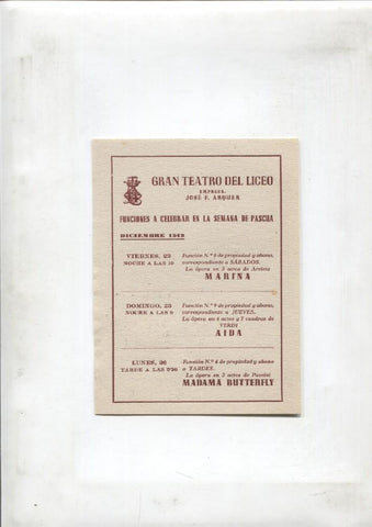 Teatro del Liceo: folleto con la funciones a celebrar en la semana de Pascua