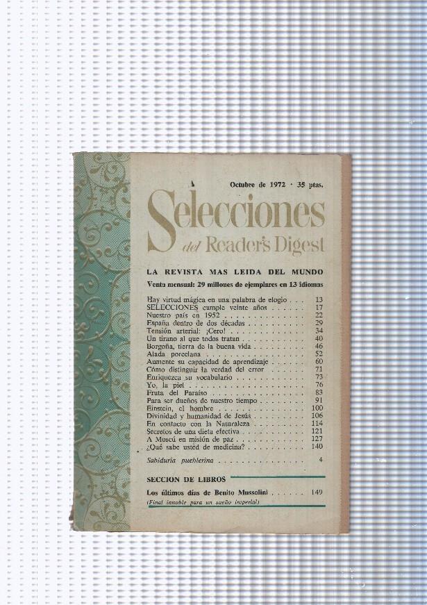 Selecciones del Readers Digest: 1972 octubre : tiene suelta las 3 primeras paginas, Hay virtud magica en una palabra