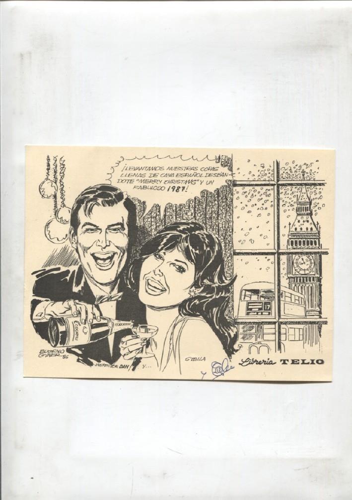 Propaganda navideña de la libreria Telio de Valencia en 1987 con imagen Inspector Dan de Eugenio Giner