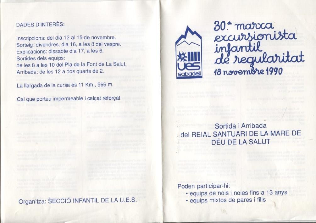 Folleto de la 30 marcha excursionista infantil de regularitat de 1990 (UES Sabadell)