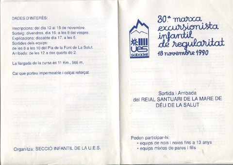 Folleto de la 30 marcha excursionista infantil de regularitat de 1990 (UES Sabadell)