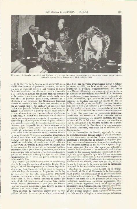LAMINA ESPASA 36552: Juan Carlos de Borbon jurando la sucesion al reino de España
