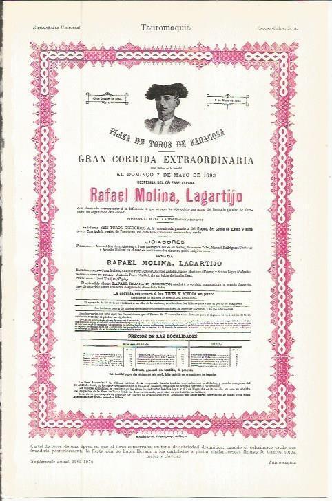 LAMINA ESPASA 36658: Cartel taurino de Zaragoza del 7 de mayo de 1893