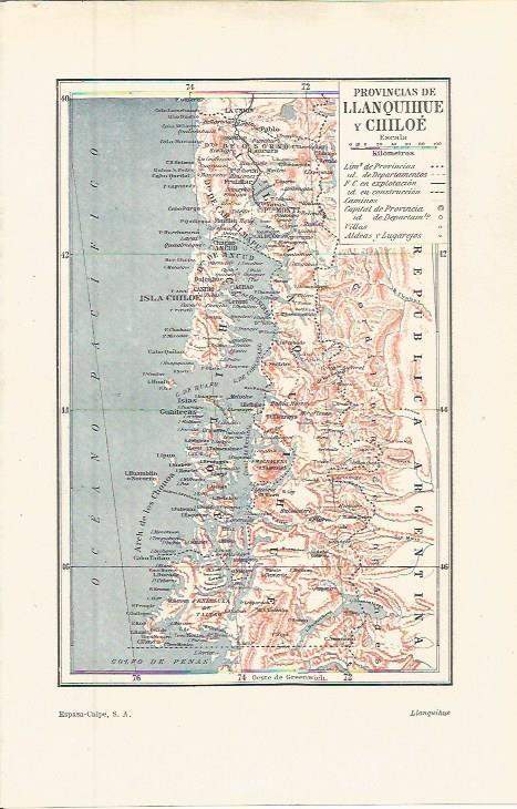 LAMINA ESPASA 36362: Mapa de las provincias de Llanquihue y Chiloe, Argentina
