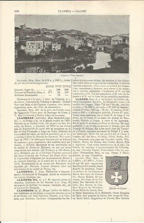 LAMINA ESPASA 36353: Vista y escudo de Llanes, Oviedo