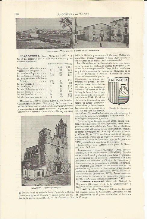 LAMINA ESPASA 36348: Plazam iglesia, escudo y vistas de Llagostera, Girona