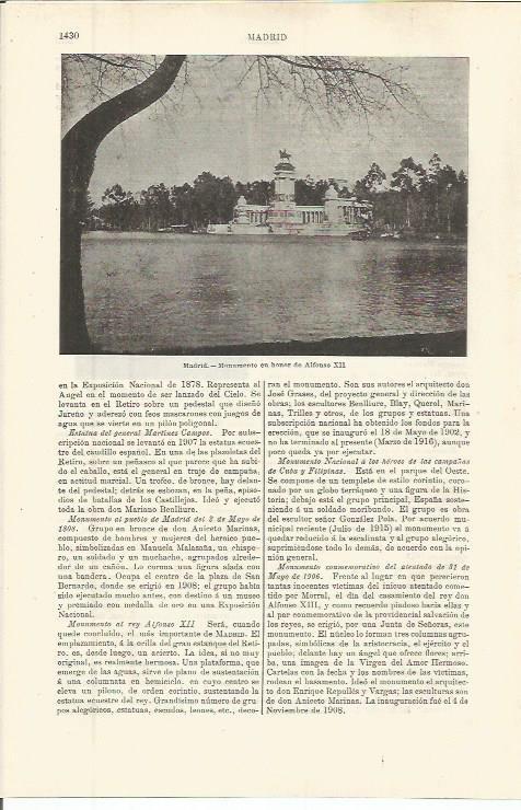 LAMINA ESPASA 36455: Monumento a Alfonso XII en Madrid