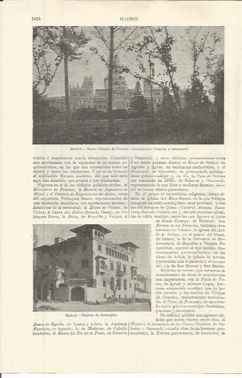 LAMINA ESPASA 36451: Palacio de Correos y Palacio de Bermejilio en Madrid