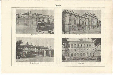 LAMINA ESPASA 36401: Vista, ayuntamiento, hospital y prefectura de Macon, Francia