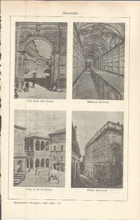 LAMINA ESPASA 36395: Arco, biblioteca, lonja y Palacio Marafoschi en Macerata, Italia