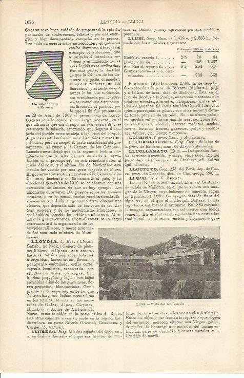 LAMINA ESPASA 36378: Escudo y monasterio de Lluch, Mallorca