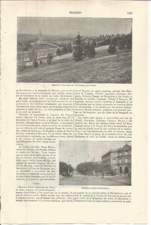 LAMINA ESPASA 36432: Parque del Oeste y Paseo de Recoletos en Madrid