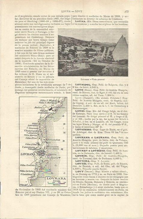 LAMINA ESPASA 37208: Vista y mapa de Lovrana, Austria