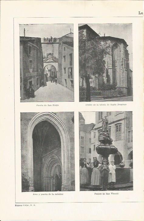 LAMINA ESPASA 37258: Puerta de San Pedro, iglesia de Santo Domingo y Fuente de San Vicente en Lugo