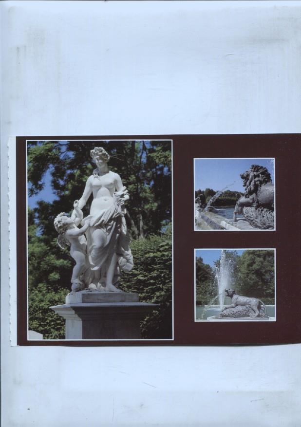lamina souvenir del palacio Herrenchiemsee: Parque y Fachada principal del palacio con la fuente Latona