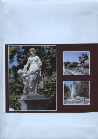lamina souvenir del palacio Herrenchiemsee: Parque y Fachada principal del palacio con la fuente Latona