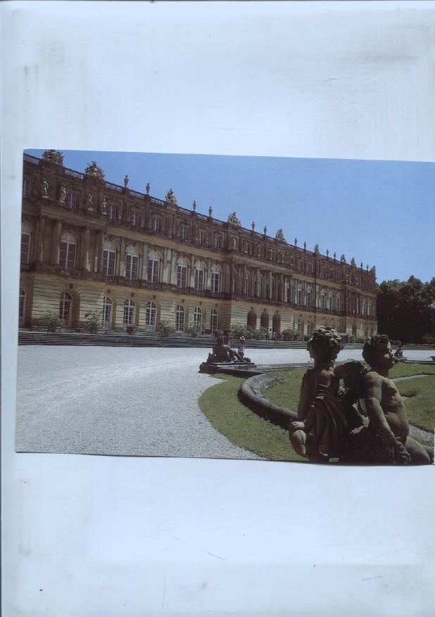 lamina souvenir del palacio Herrenchiemsee: Parque y Fachada principal del palacio con la fuente Latona