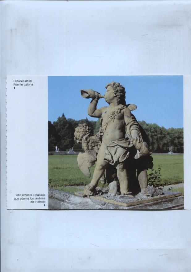 lamina souvenir del palacio Herrenchiemsee: Estatua de los jardines y cuadro del rey Luis II de Baviera