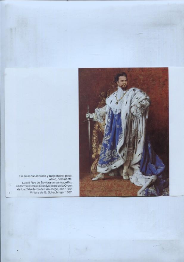 lamina souvenir del palacio Herrenchiemsee: Estatua de los jardines y cuadro del rey Luis II de Baviera
