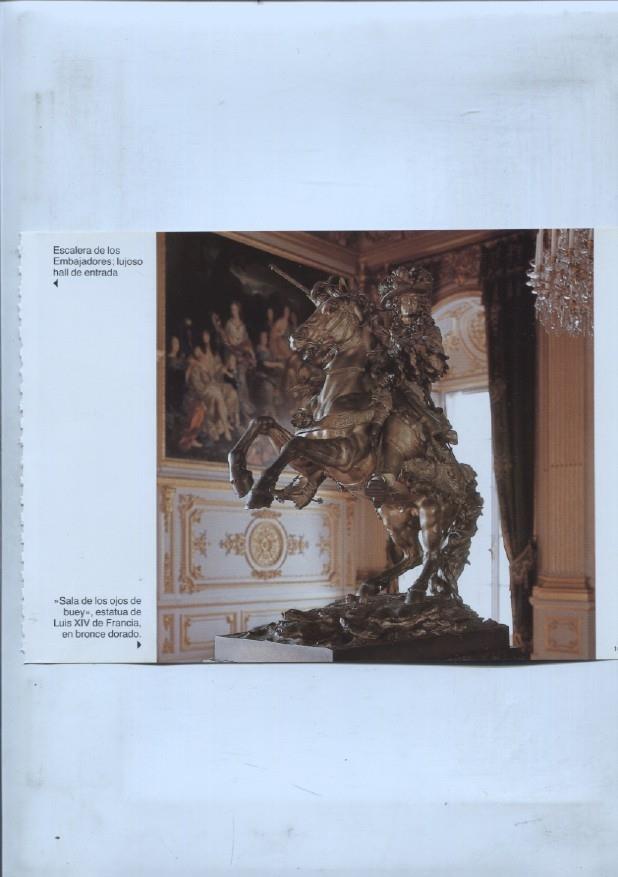lamina souvenir del palacio Herrenchiemsee: Estatua del rey Luis XIV de Francia y Dormitorio del palacio